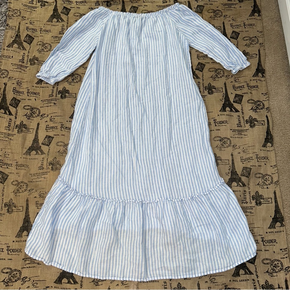 Saks Fifth Avenue 100% Linen Blue White 3/4 Sleeve Off Shoulder Maxi Dress - Picture 10 of 16